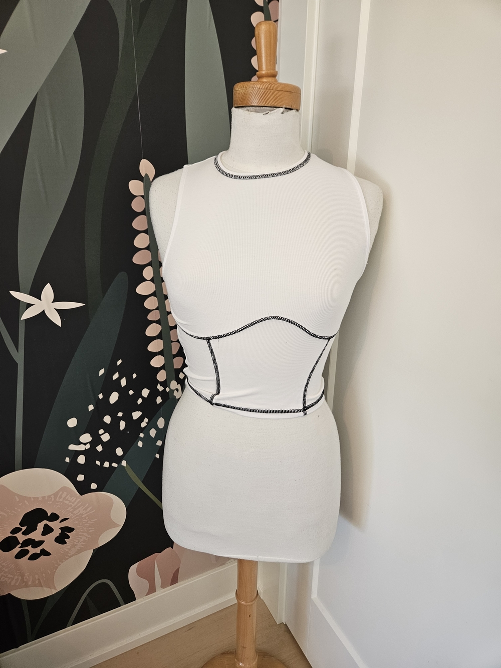 Sunday Best White Ribbed Tank with Black Contrast Stitching